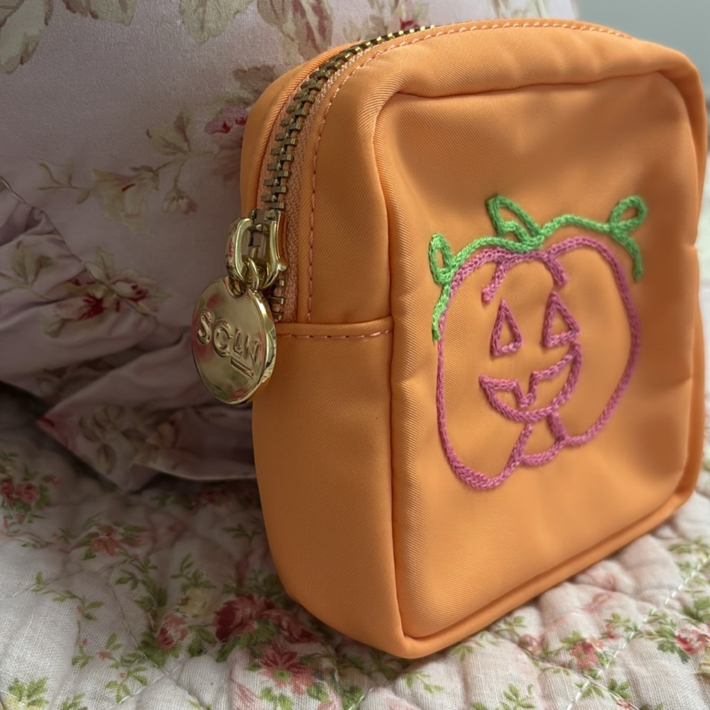 Stoney Clover Lane Orange Pumpkin Halloween Embroidered Mini Pouch - Picture 2 of 4